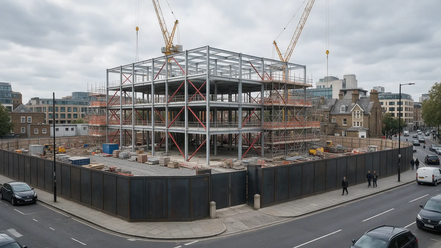 Steel-frame commercial building under construction behind a fenced perimeter — AI-generated illustration