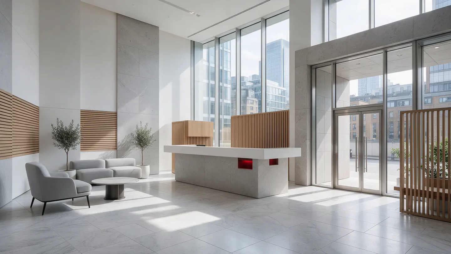 Modern office reception desk and glazed entrance — AI-generated illustration