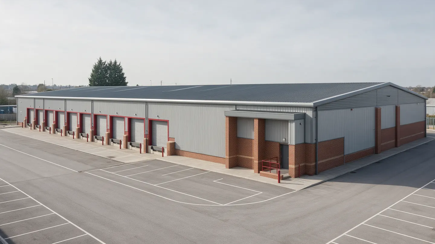Warehouse loading bays and pedestrian entrance — AI-generated illustration