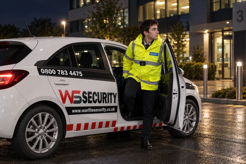 Warlite security officer beside a branded patrol vehicle